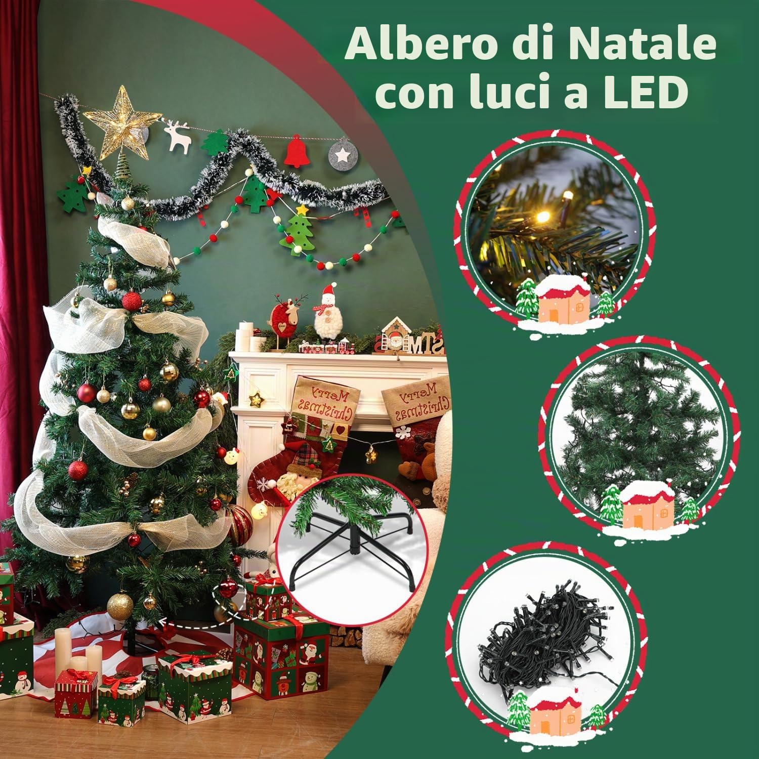 Aigostar Albero di Natale Artificiale da 150 CM,con Catena di Luci LED da 13 M,8 Modalità di Illuminazione,200 LED Bianco Caldo280 Rami,Colore Verde,Include Supporto in Metallo.