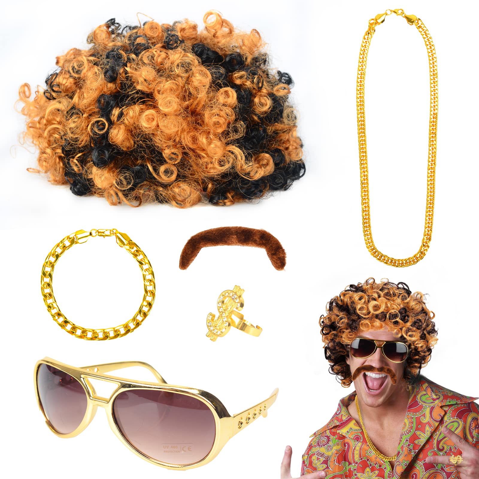 Hippie Kostüm Set Für Herren – Inkl. Afro-Perücke, Sonnenbrille, Halskette & Bart