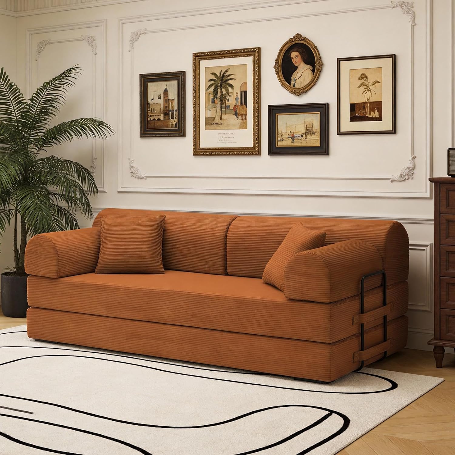Cloud Boneless Convertible Floor Sofa Bed - 79" 4-in-1 Foldable Compressed Loveseat Lounge Sleeper 2 Seater Couches, Corduroy Modular Sectional Sofas for Living Room(Plush Orange)