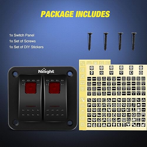 Vista 8 de Nilight 2 Gang Rocker Switch Panel 12V 24V DC Red Switches Aluminum 5Pin ON Off PreWired Toggle Waterproof for Cars Boats ATVs UTVs Rojo