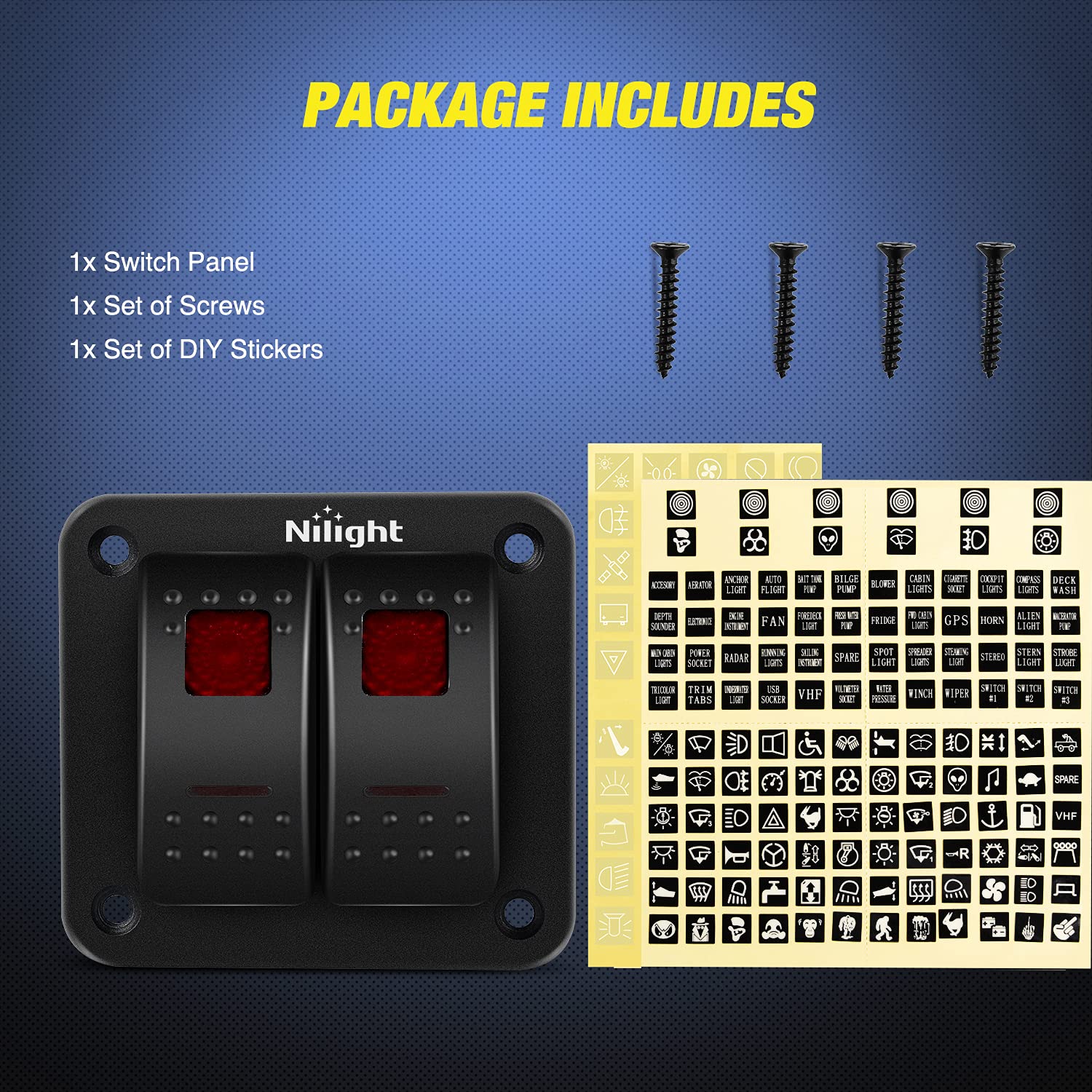 Nilight 2 Gang Rocker Switch Panel 12V 24V DC Red Switches Aluminum