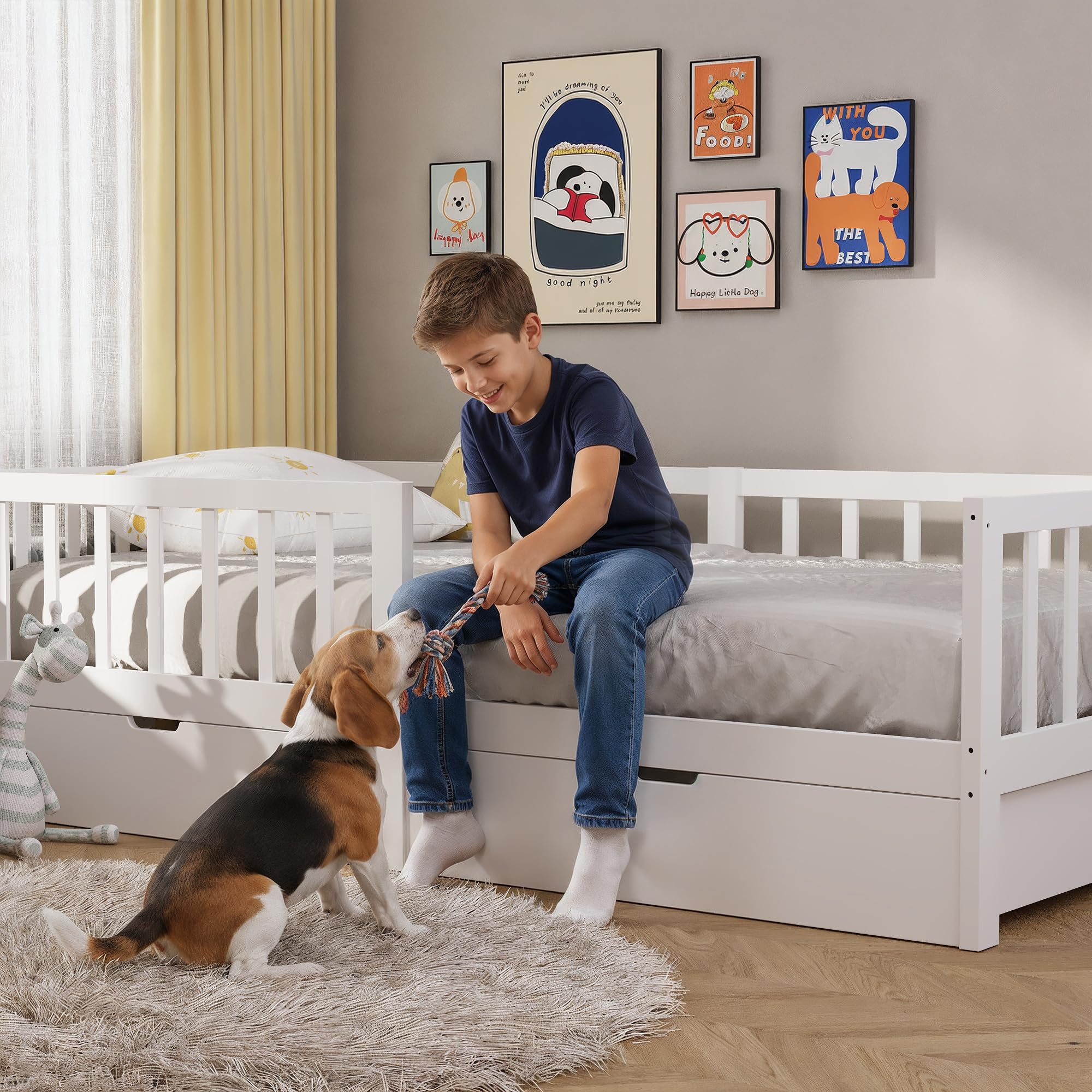 Xbro Letto per bambini 100×200 cm con cassetto, sponda anticaduta e rete a doghe, adatto anche per adolescenti, facile da montare, colore bianco