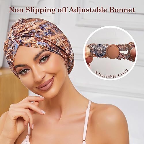 Miniatura 2 de Gorro de satén de seda ajustable para envolver el cabello para dormir, gorro de dormir de doble capa, turbante nocturno para cabello largo y rizado