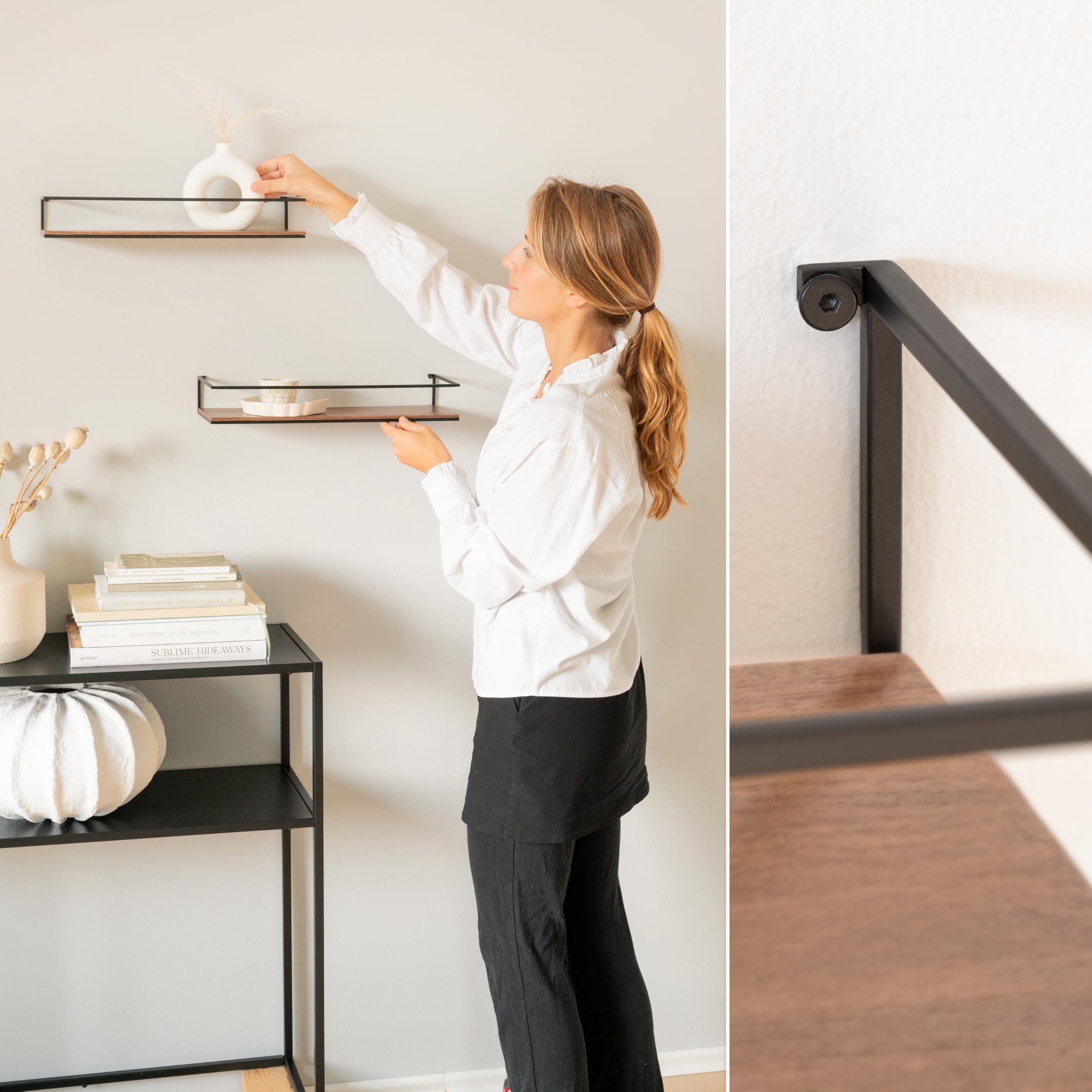 Kazai. Set di Mensole da Muro -STENN- | Mensola da Parete in Metallo e Impiallacciatura in Vero Legno | Scaffale per Bagno, Soggiorno, Cucina e Camera da Letto | Noce