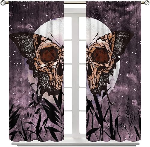 Miniatura 8 de Cortinas de polilla de la muerte, cortinas bohemias góticas de calavera, fantástica decoración de fondo de luna llena, plantas estrelladas moradas,