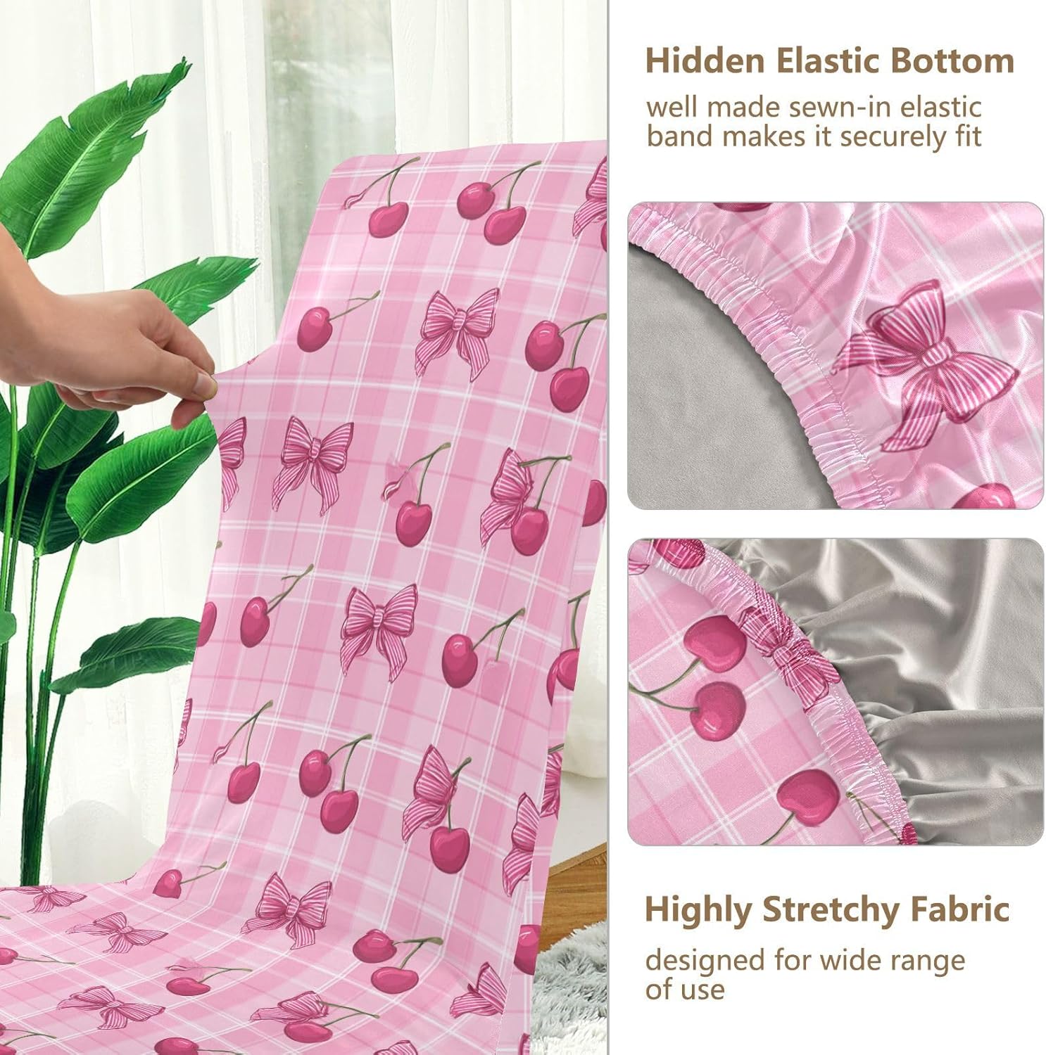 ALAZA Chair Covers for Dining Room, Pink Plaid Cherry Bow Pattern Stretch Chair Cover Sets Chair Protector Removable Washable for Ktichen Restaurant Hotel