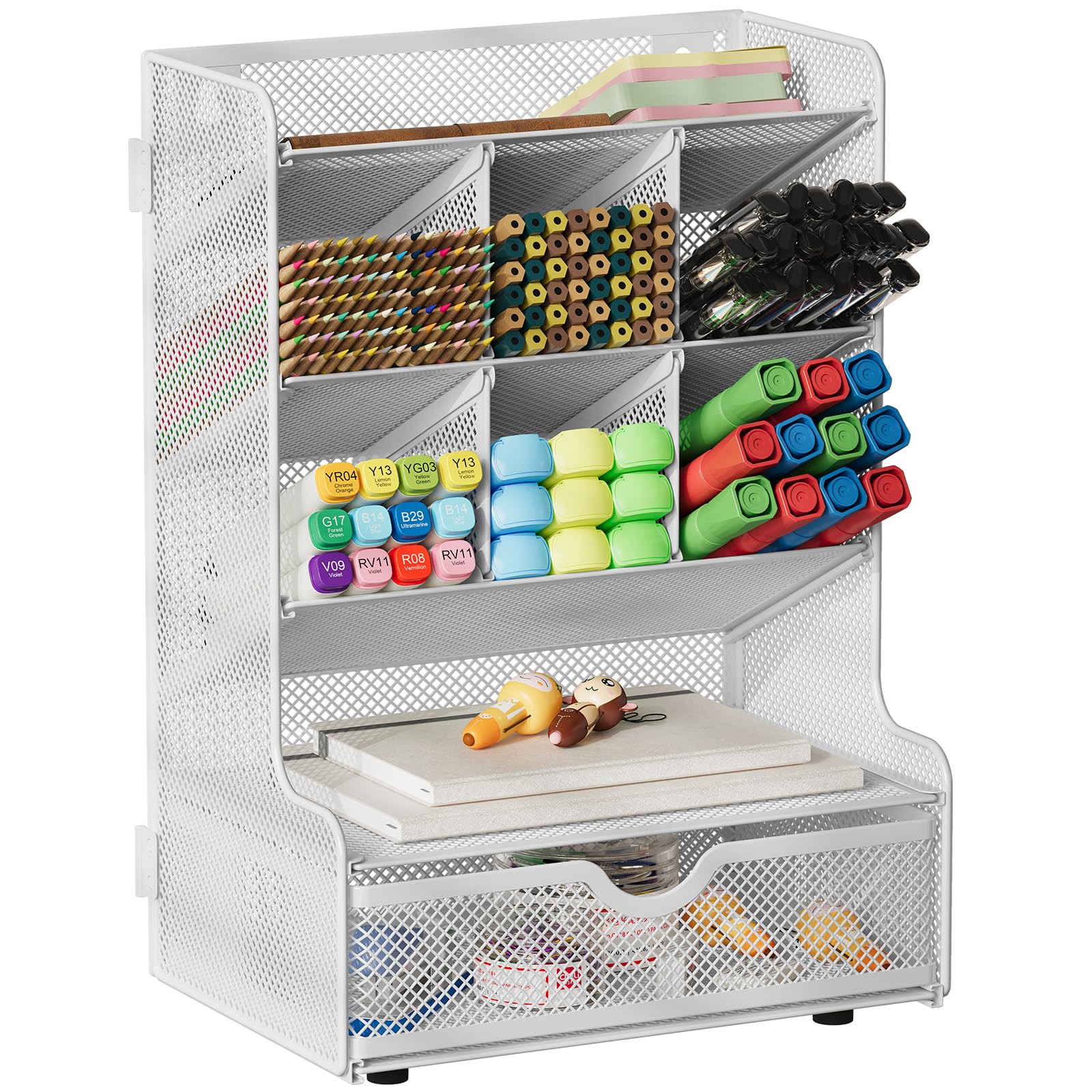 EasyPAG Organizador de escritorio de malla de 4 niveles, organizador de papelería versátil con cajón, color blanco