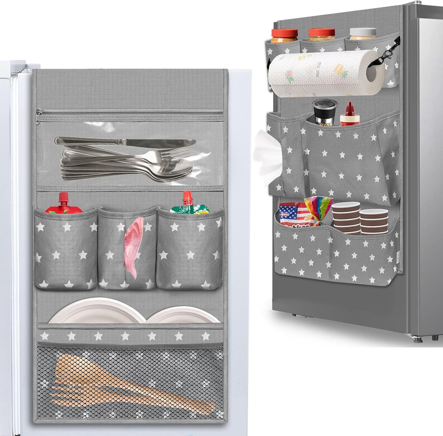 Product image of Dorm Room Essentials Mini Fridge Organizer, Hanging Over Fridge Storage Organizer, College Caddy with 14 Pocket for Office, Kitchen, Home, School (Grey)