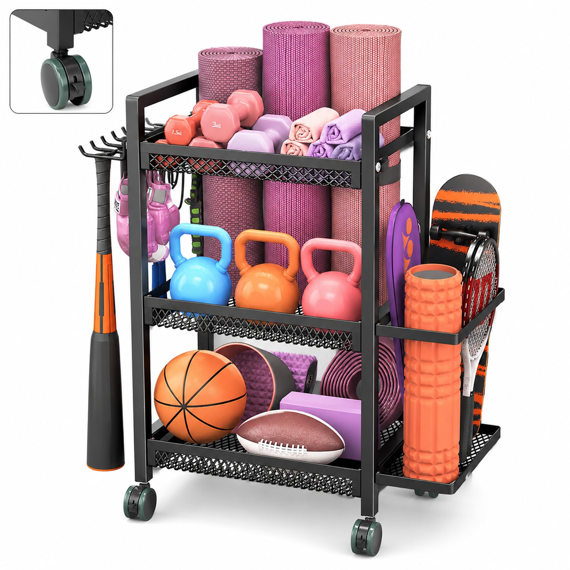Home Gym Weight Rack Workout Equipment Storage Organizer, Carbon steel Yoga Mat Storage with Hooks and Lockable Wheels, Kettlebells, Yoga Block, Foam Roller and Resistance Band