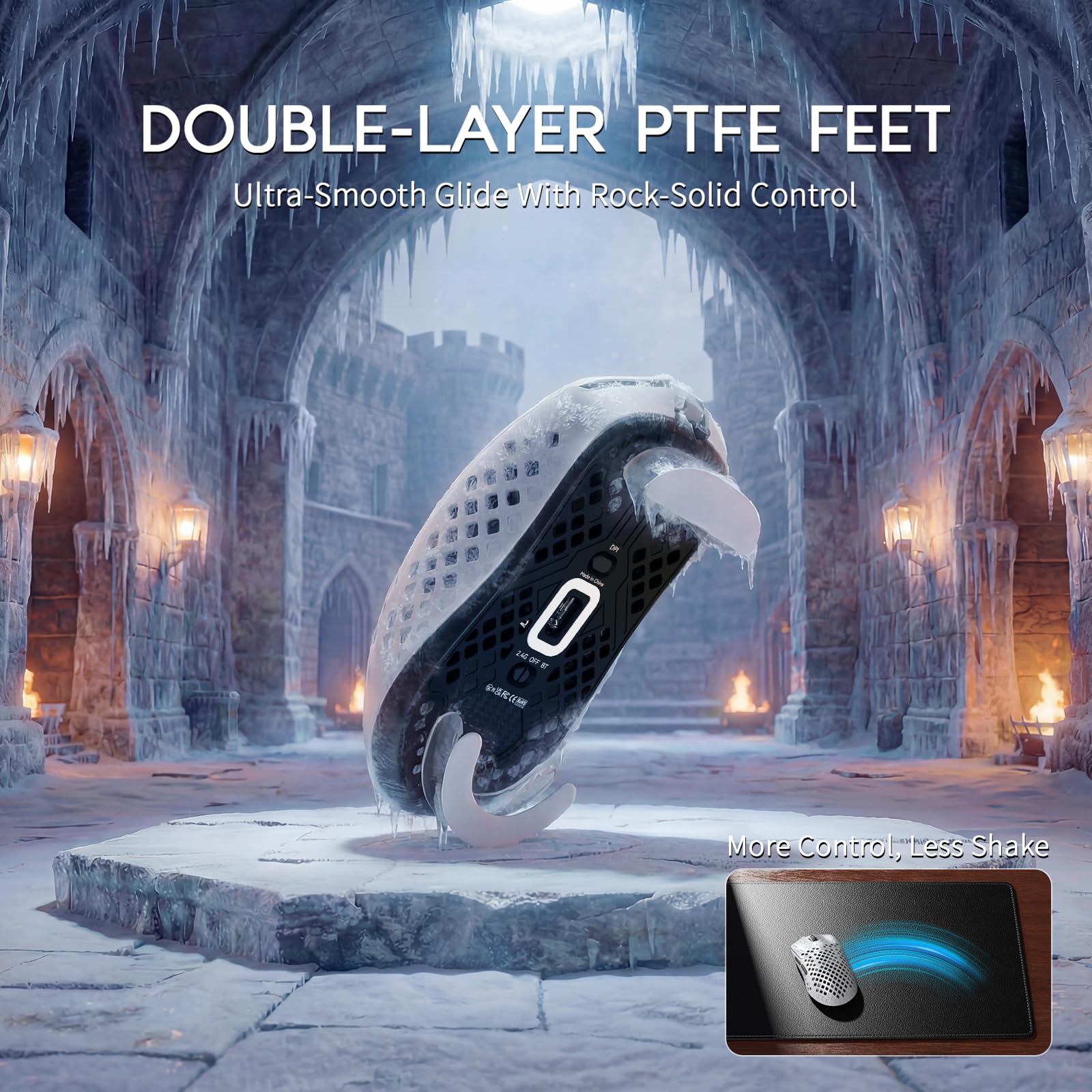 MAMBASNAKE M2 Bezprzewodowa Myszka Gamingowa z Włókna Węglowego, 41g Ultra Lekka, 40000 DPI, Sensor PAW3395PRO, BK52820, PTFE Feet, Powłoka Ice-Feel, BT/2.4G/Przewodowa, Biały