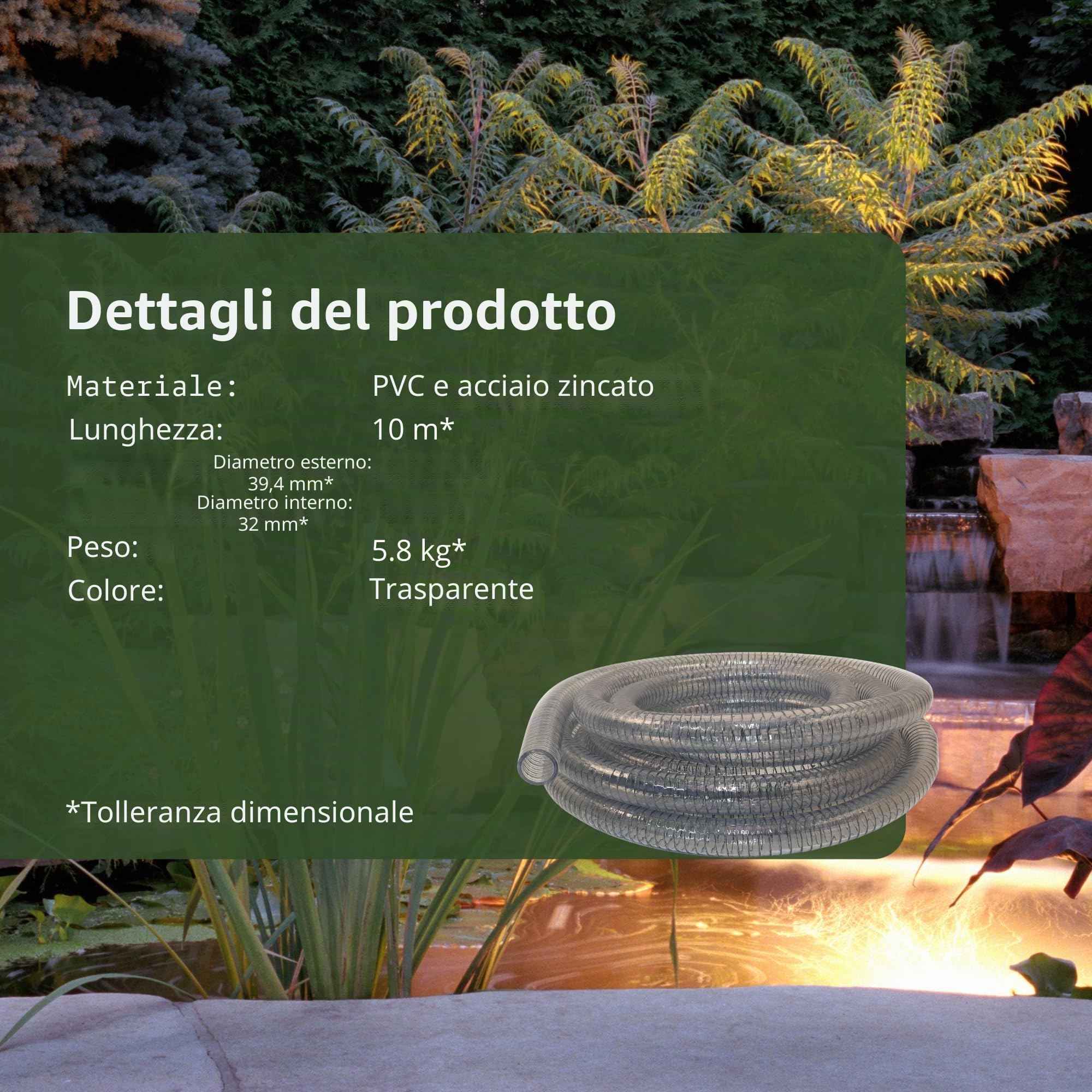 Tubo flessibile in PVC a spirale, tubo di aspirazione, di pressione e di alimentazione 32 mm / 10 m Trasparente