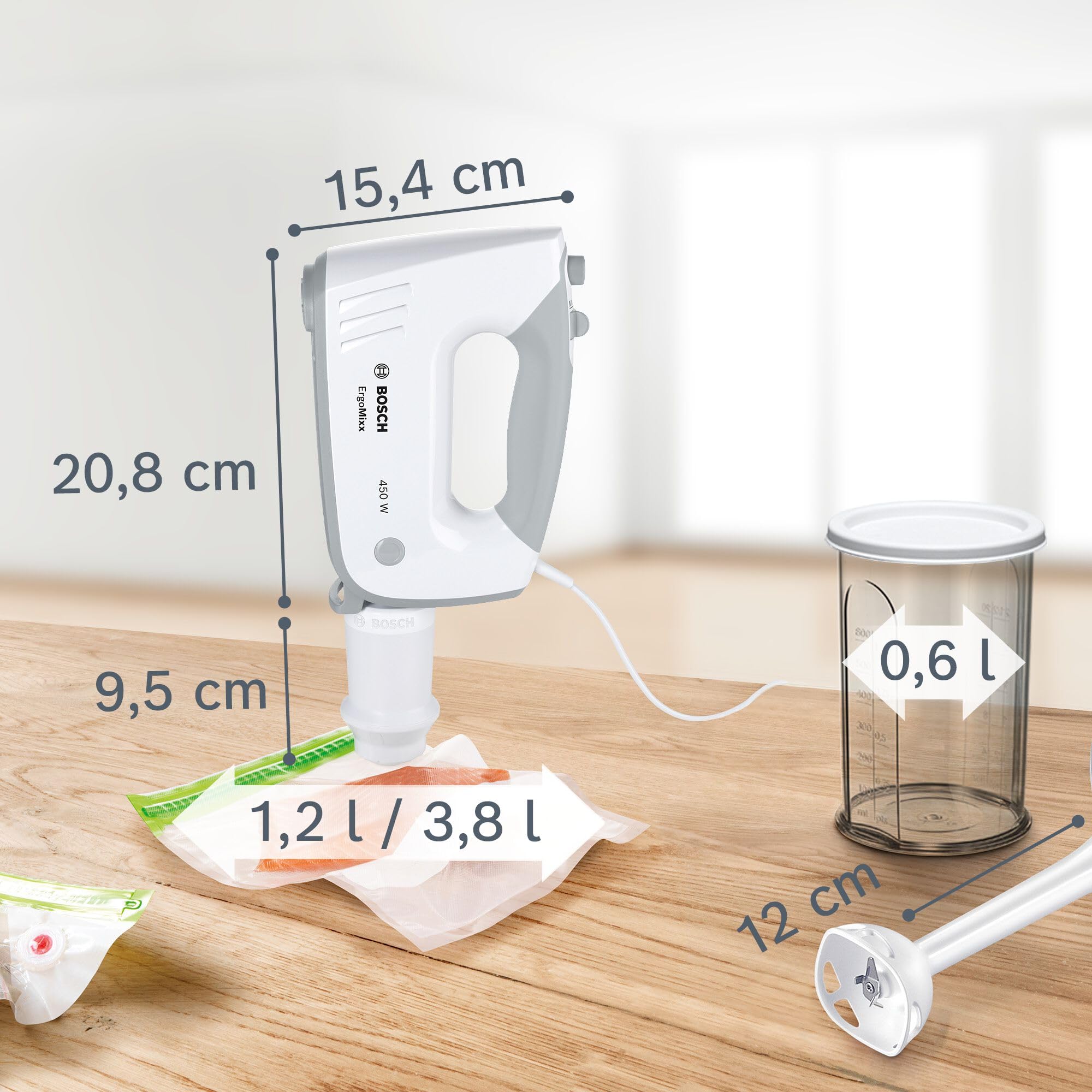 Bosch Ergomixx Hand Mixer, MFQ36470, 450 Watt, Includes Mixer Bar and Mixer Measuring Cup, Stainless Steel Whisks and Dough Hooks, Five Speeds and a Turbo Function, White/Grey