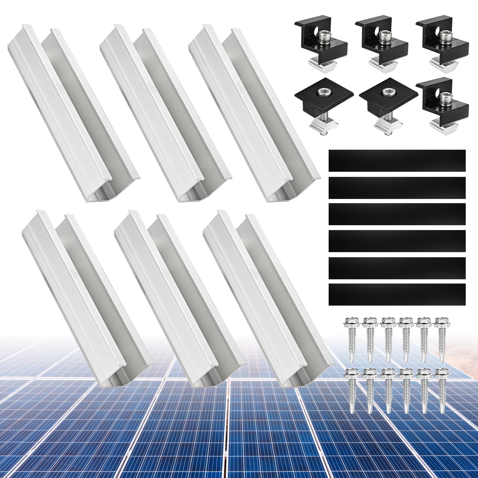 Philtool Solarmodul Halterung Kit, 12CM Aluprofil Schienen, Verstellbare Schwarz Klemme für 30-35MM Dicke Module, Montageset für 2 Solarmodule, Solarpanel Halterung für Flachdach Trapezdach