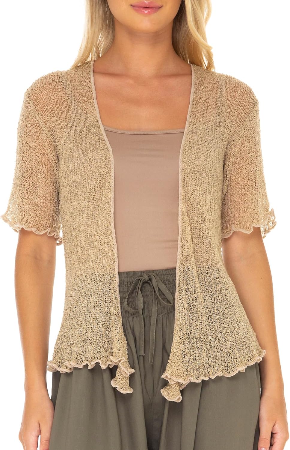 SHU-SHI Short Sleeve Cardigan Sheer Dress Shrug Tie Front Summer Sweater Lightweight Knit