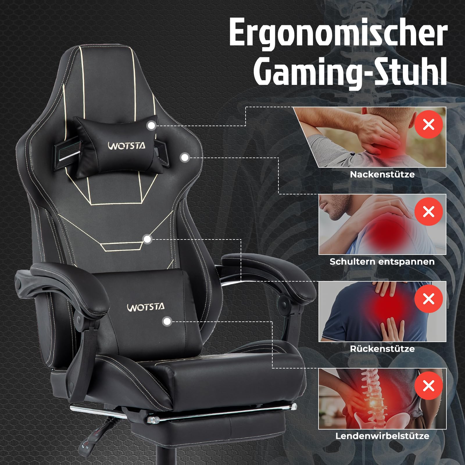 Gaming Stuhl Ergonomisch mit Fußstütze Racing Computerstuhl Höhenverstellbar Gepolstert Bürostuhl Lendenwirbelstütze Schwarz