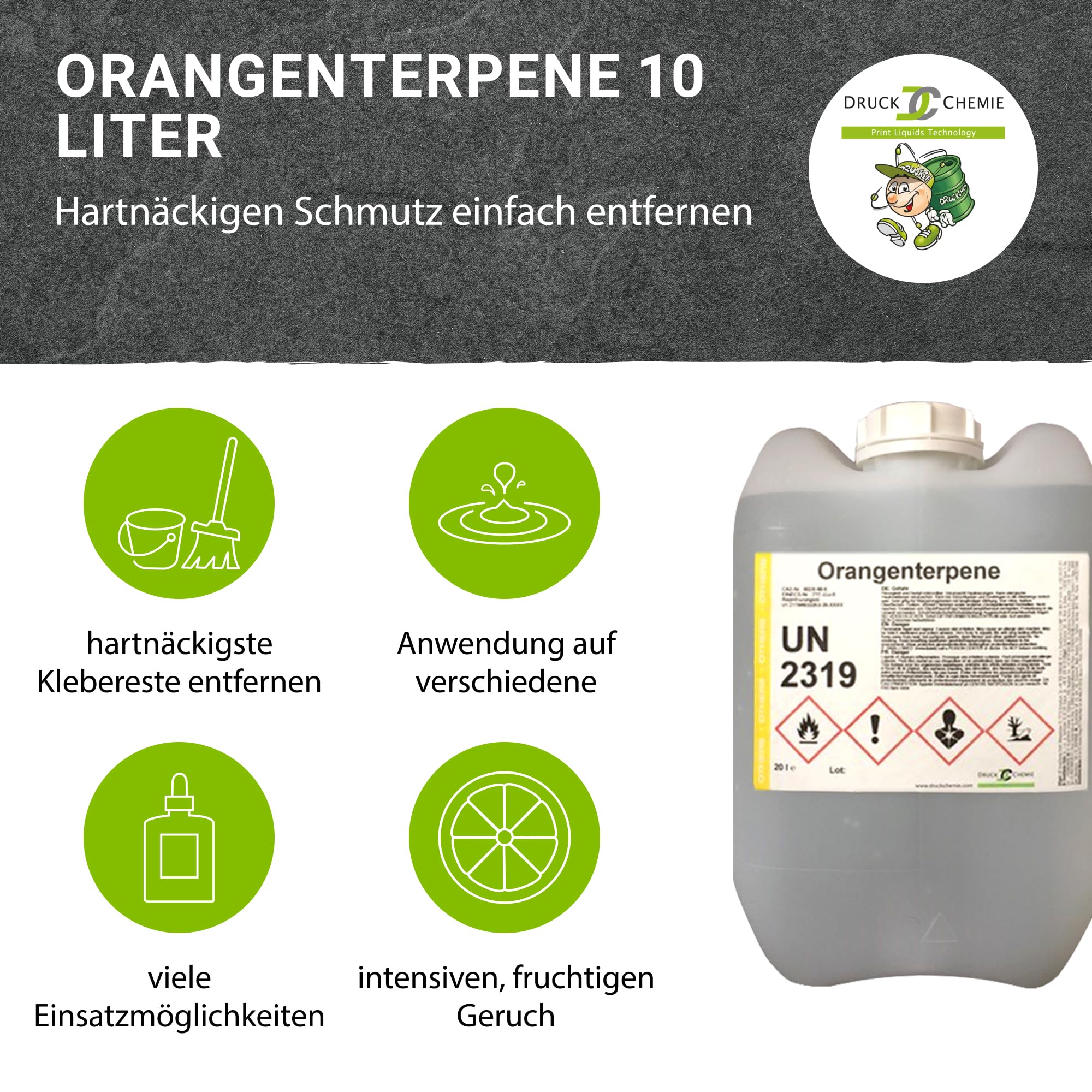 DC DruckChemie GmbH Orangenterpene 10L - Kraftvoller Orangenreiniger zum Lösen hartnäckiger Klebereste - Orangenreiniger für nahezu alle Oberflächen