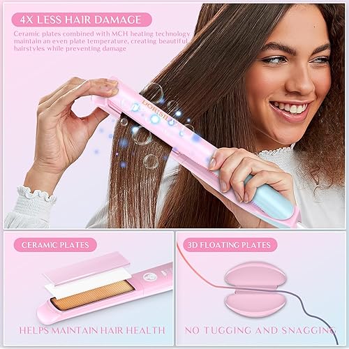 Miniatura 5 de DORISILK Plancha de pelo de 470 F con luz colorida, plancha plana de doble voltaje para viajes europeos, 1 pulgada, alisador y rizador de cerámica