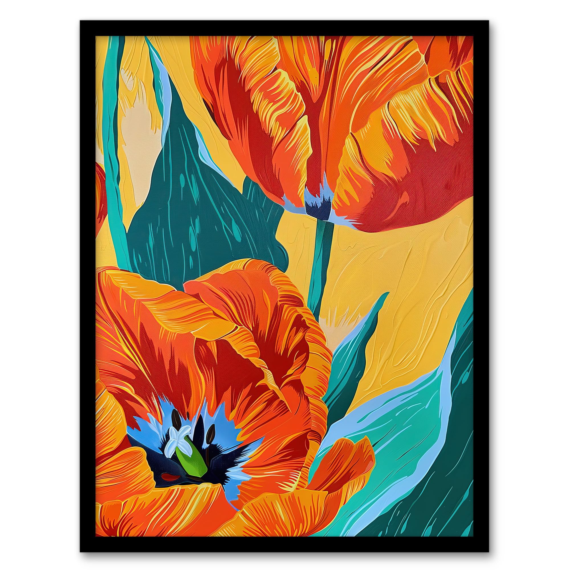 Artery8 Stylised Orange Teal Tulip Flowers Vibrant Floral Living Room Artwork Framed Wall Art Print A4
