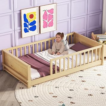 Twin Size Floor Bed Sturdy Wood Montessori Bed Frame with Wood Slats Storage Book Rack for Children Boys Girls, Kids Toddler Bedroom Low Bed No Box Spring Easy to Assemble Natural, Twin