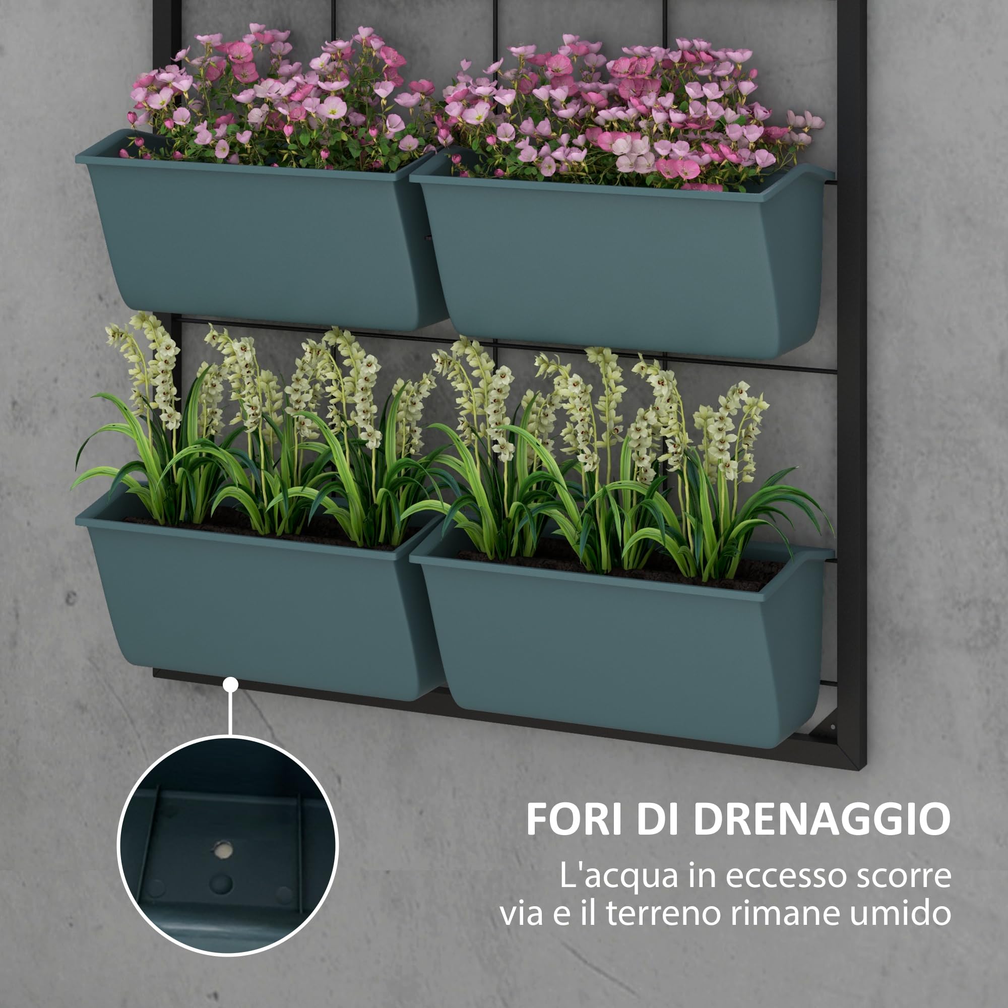 Outsunny Porta Piante da Esterno Verticale a 3 Livelli, 6 Vasi per Piante da Esterno in Plastica con Fori di Drenaggio, Portavasi da Appendere per Fiori ed Erbe Aromatiche, 52x14x66 cm, Verde Scuro