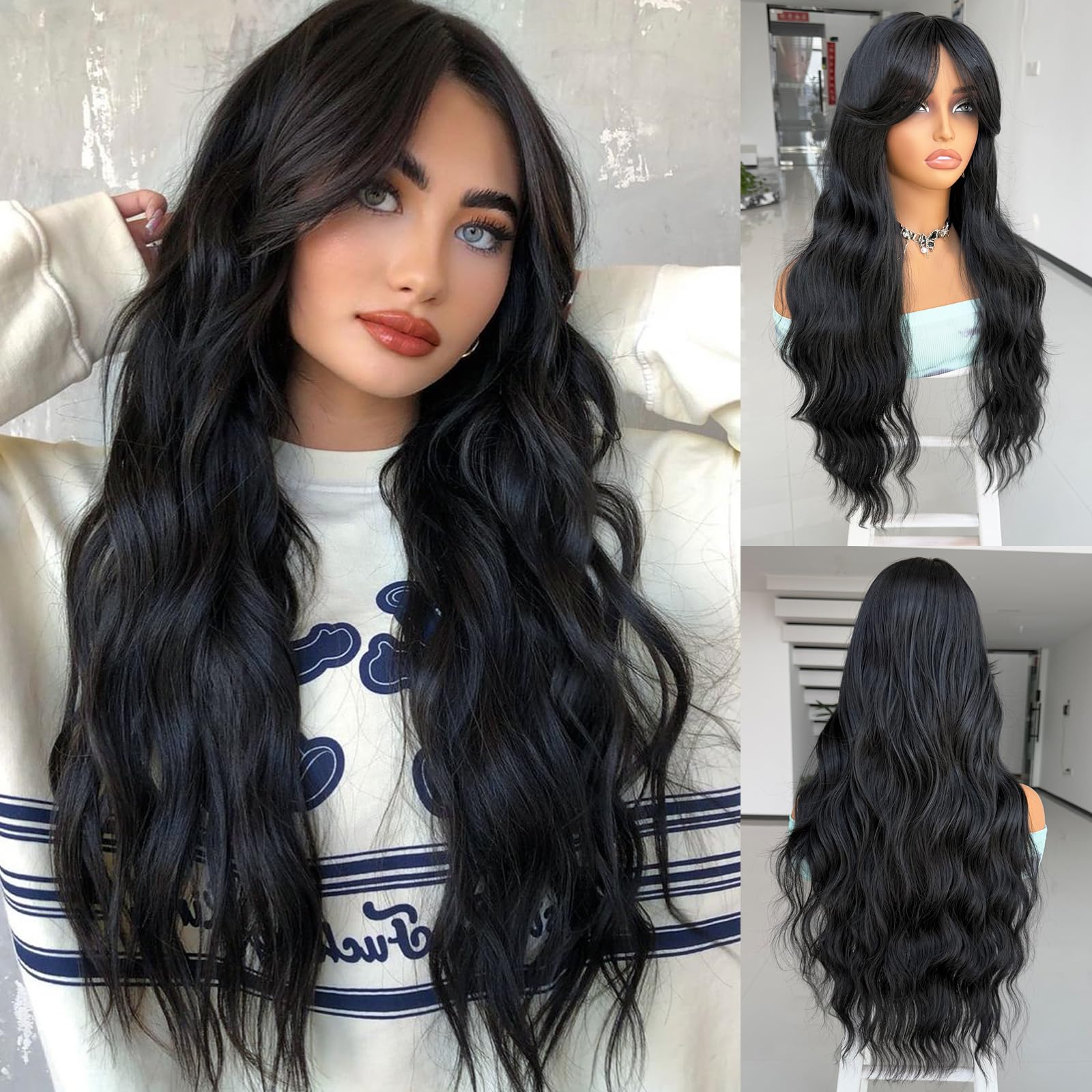 Amazon.com : LEOSA Black Wig for Women,Long Wavy Layered Wig  display picture 1