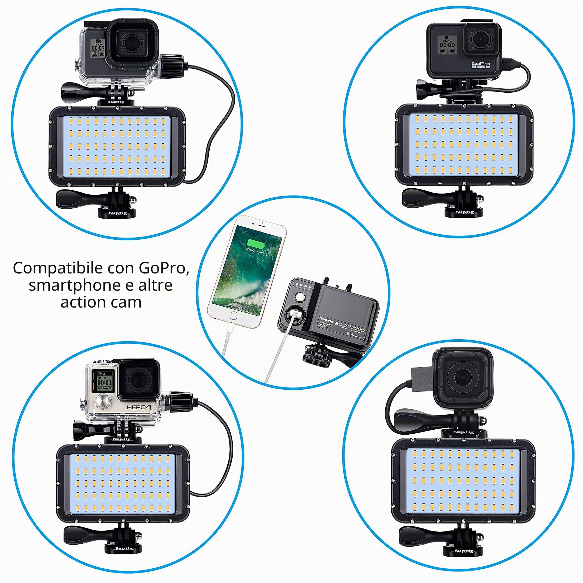 Suptig 60 luci LED video con batteria di ricarica portatile da 5200 mAh, illuminazione portatile impermeabile 50 m, luce dimmerabile compatibile per GoPro Hero Hero 13/12/11/10/9/8/7/6/5/4/3