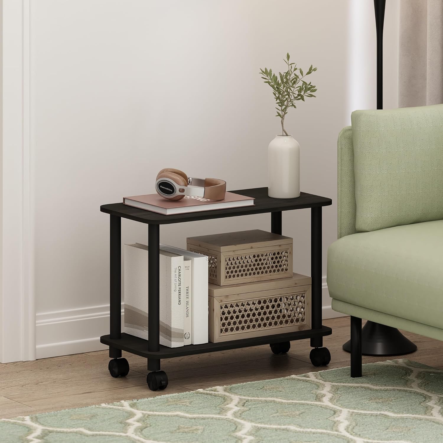 Furinno Turn-N-Tube Side Table, 2-Tier Rectangle Sofa End Table with Wheels, Round Corner Night Stand, Bedside Table with Open Shelf, Toolless Assembly, for Living Room, Bedroom, Dark Espresso