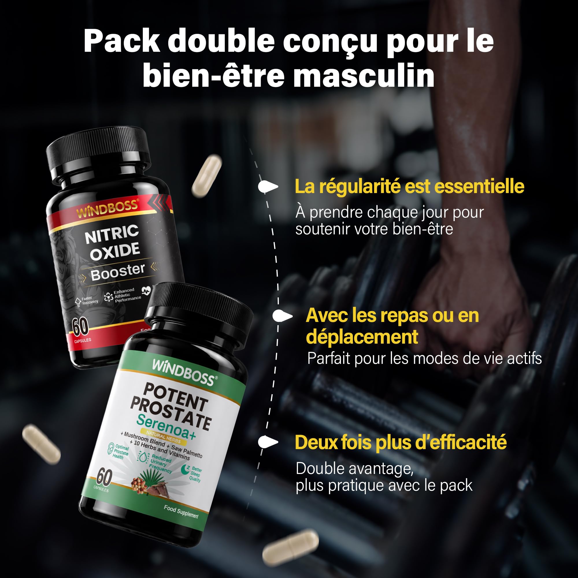 WINDBOSS Pack 2 en 1 – Booster d’Oxyde Nitrique & Complément Prostate pour Hommes – 60 Gélules Chacun – Améliore Circulation, Endurance, Santé Urinaire et Qualité du Sommeil avec