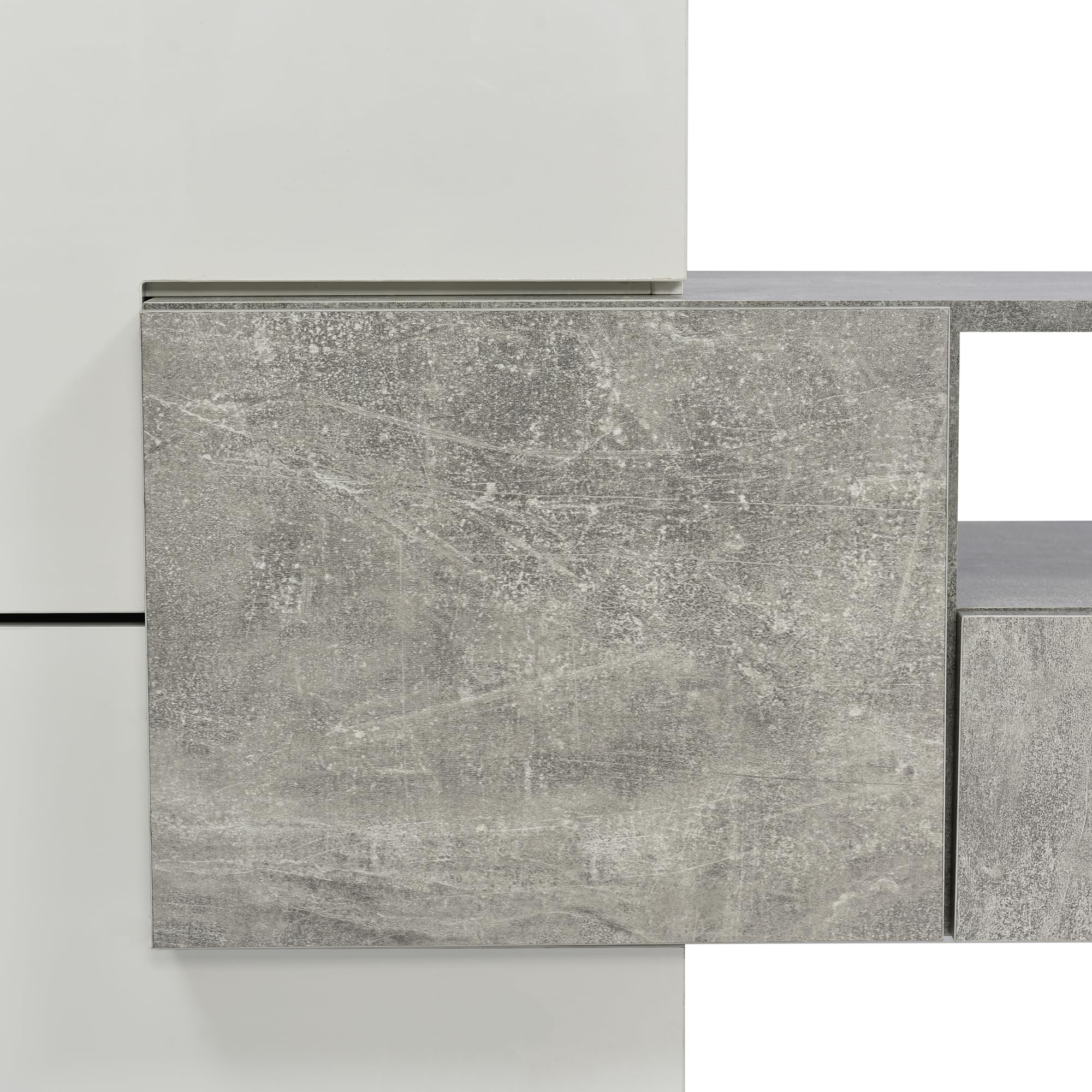 Mobile elegante per TV, Lowboard. 200 cm, illuminazione a LED, mobili per soggiorno. Design moderno. Elegante superficie in vetro. (Bianco lucido e cemento + MDF)