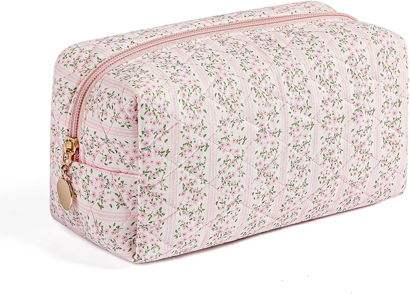 Necessaire de maquiagem Gleyemor acolchoada com estampa floral rosa, algodão e zíper