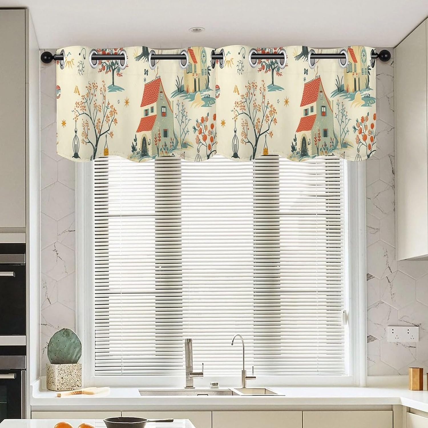 House and Trees Valance for Windows, 2 Pack Kitchen Curtains Modern Home Decor, Soft Blackout Window Curtains for Living Room & Bedroom, 18 X 52 Inch