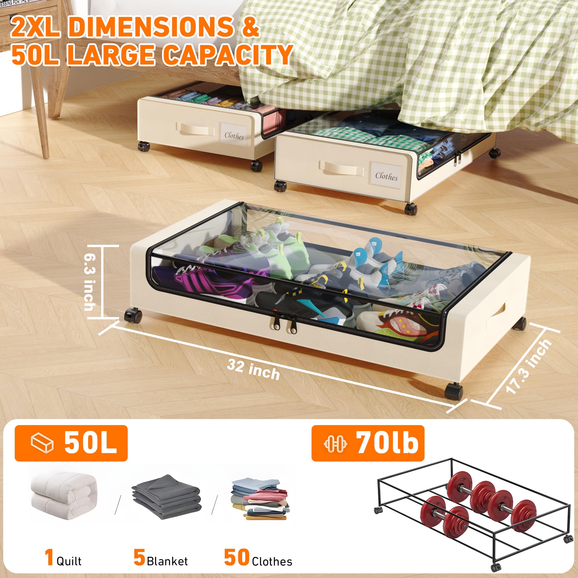 Contenitore sotto il letto con ruote, confezione da 2 contenitori portaoggetti con coperchi trasparenti, XXL da 60 L, cassetti in metallo per vestiti, scarpe, giocattoli (bianco, confezione da 2)