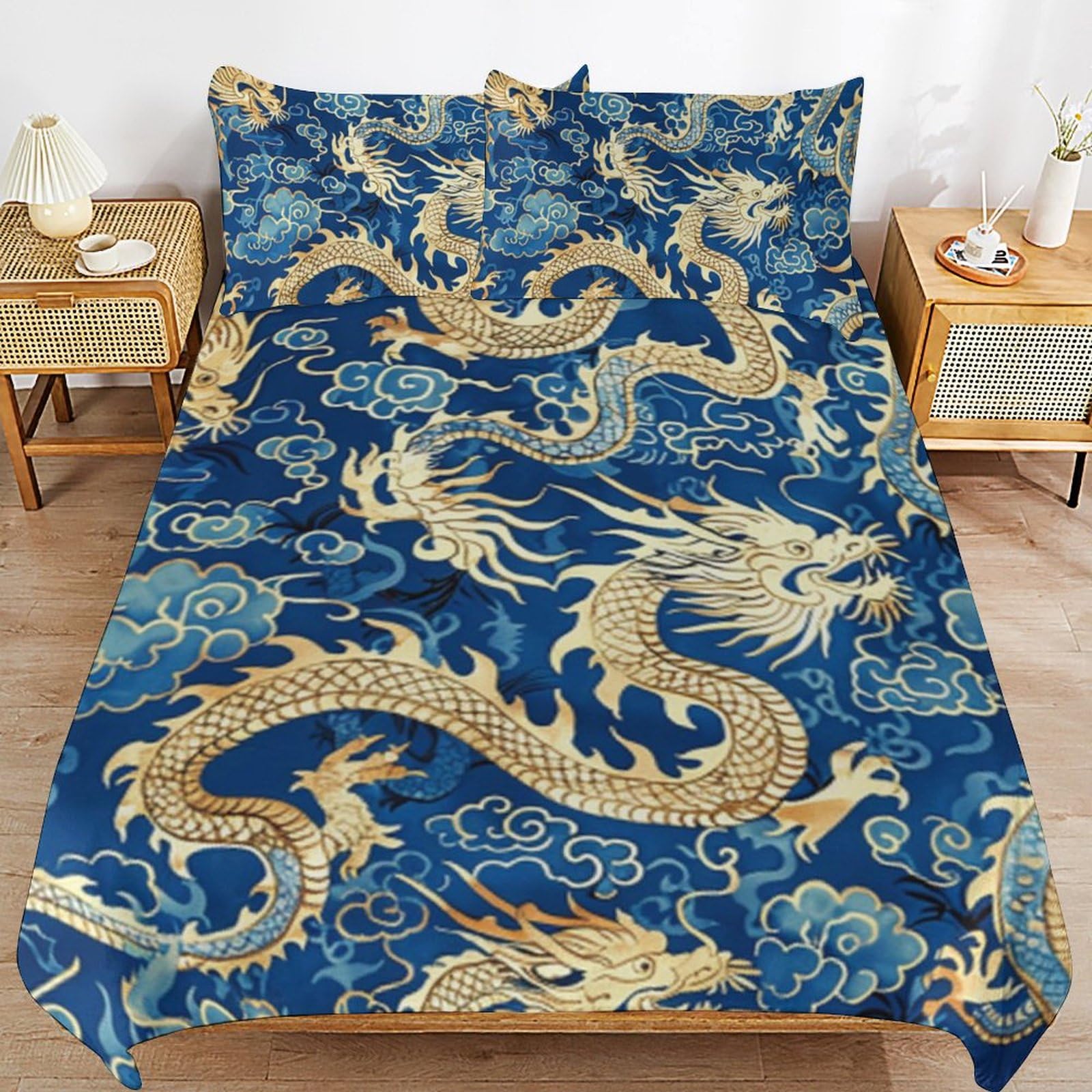 Parure de lit 135 x 200 cm dragon chinois avec 2 taies d'oreiller