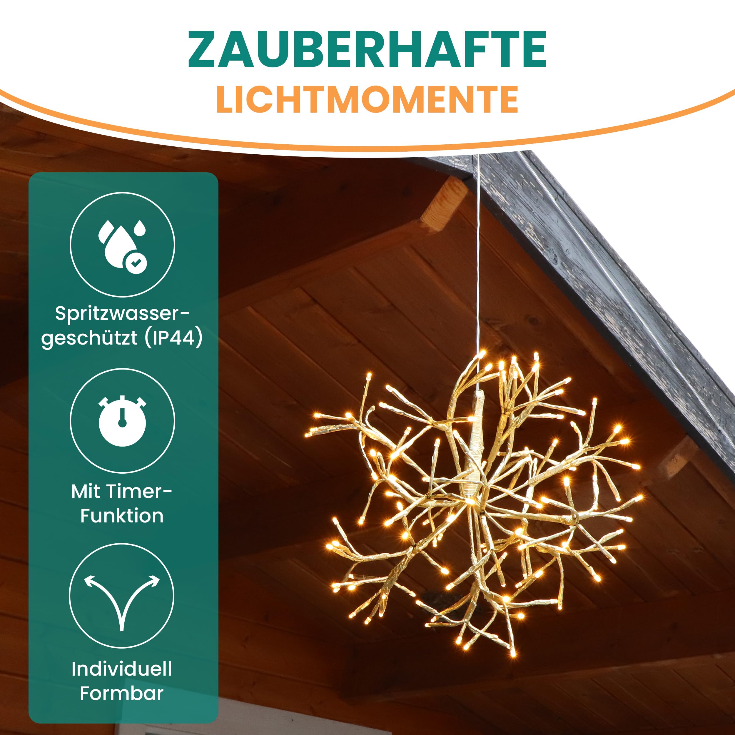 Gartenpirat LED Goldstern Ø 45 cm warmweiß beleuchtet 120 LED mit Timer-Funktion hängende Weihnachtsdeko mit Befestigung für Innen & Außen