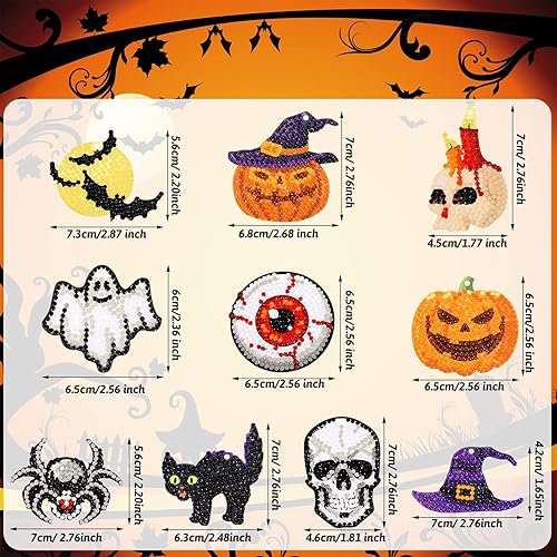 Miniatura 3 de Jetec 20 etiquetas de pintura de diamantes de Halloween 5D DIY Kit de pintura de diamantes de calavera, fantasma, calabaza, murciélago, etiquetas