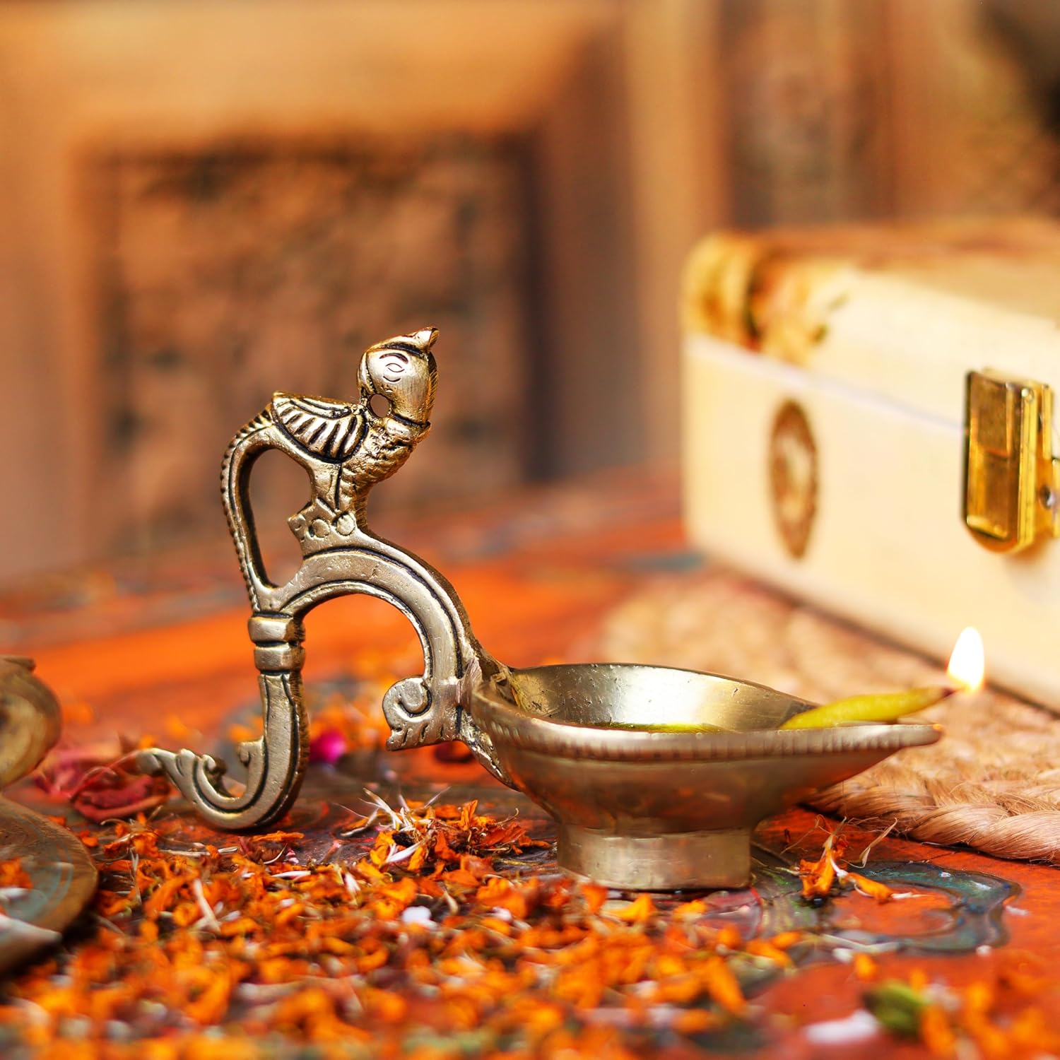 Indian Shelf Handmade Peacock Holding South Indian Diya for Pooja Ceremony Brass Oil Lamp Decorative Deepak (Size: 9cm) BOL-360