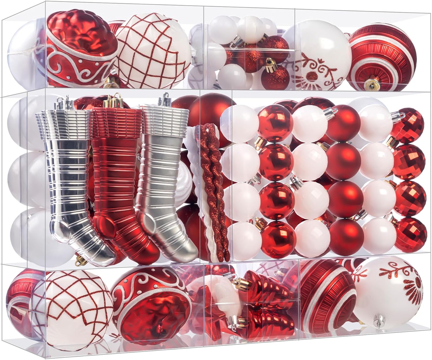 150PCS Red and White Christmas Ornaments, Shatterproof Christmas Ball Ornaments Set, Assorted Christmas Baubles Hanging Decorations for Xmas Tree Home Festival Party Wedding (Red & White)
