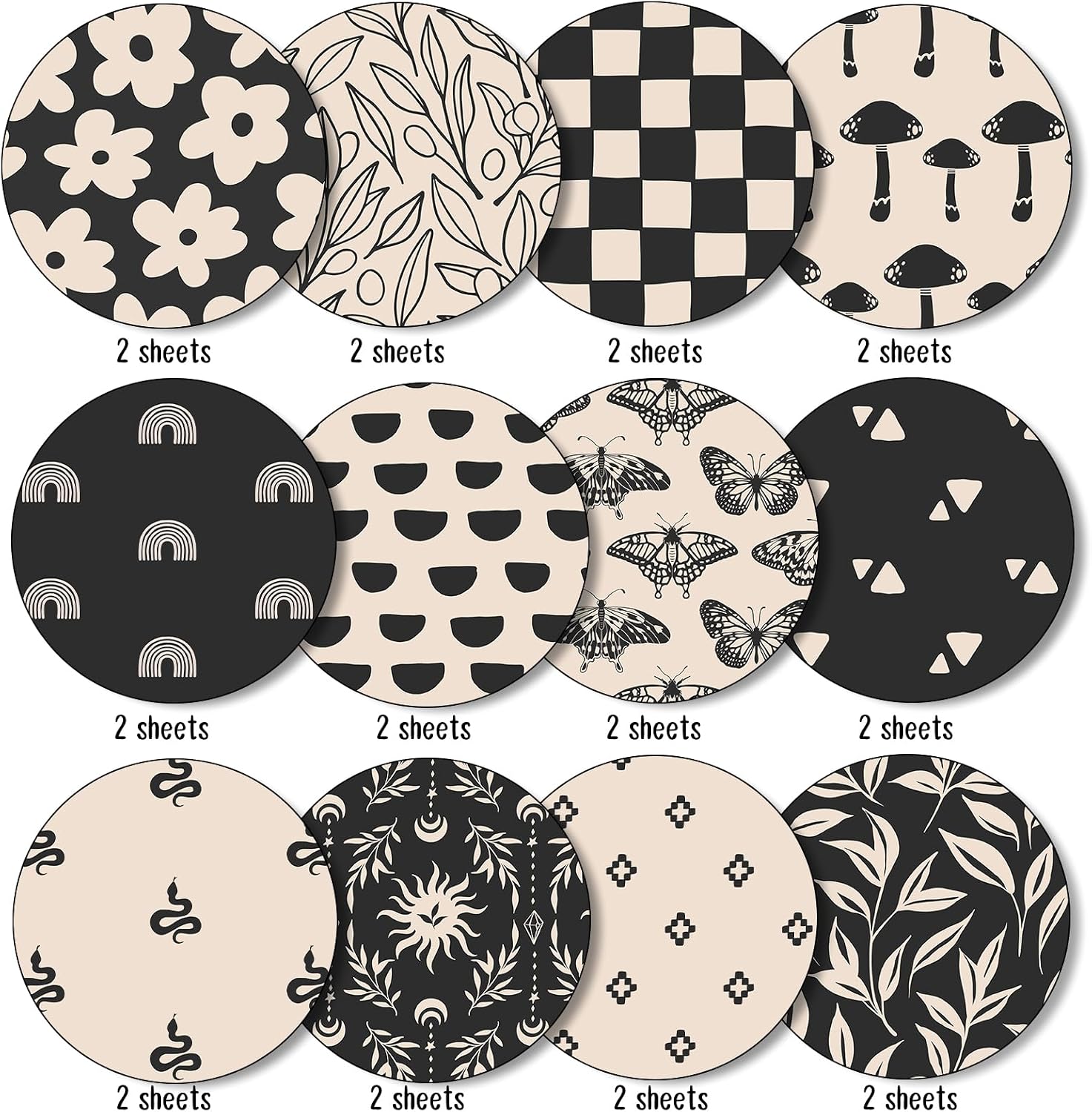 Whaline 24Pcs Boho Ivory Pattern Paper Black Beige Scrapbook Specialty Paper Vintage Double Sided Decorative Craft Papers for DIY Card Making Photo Album Decor, 11.8 x 11.8 Inch