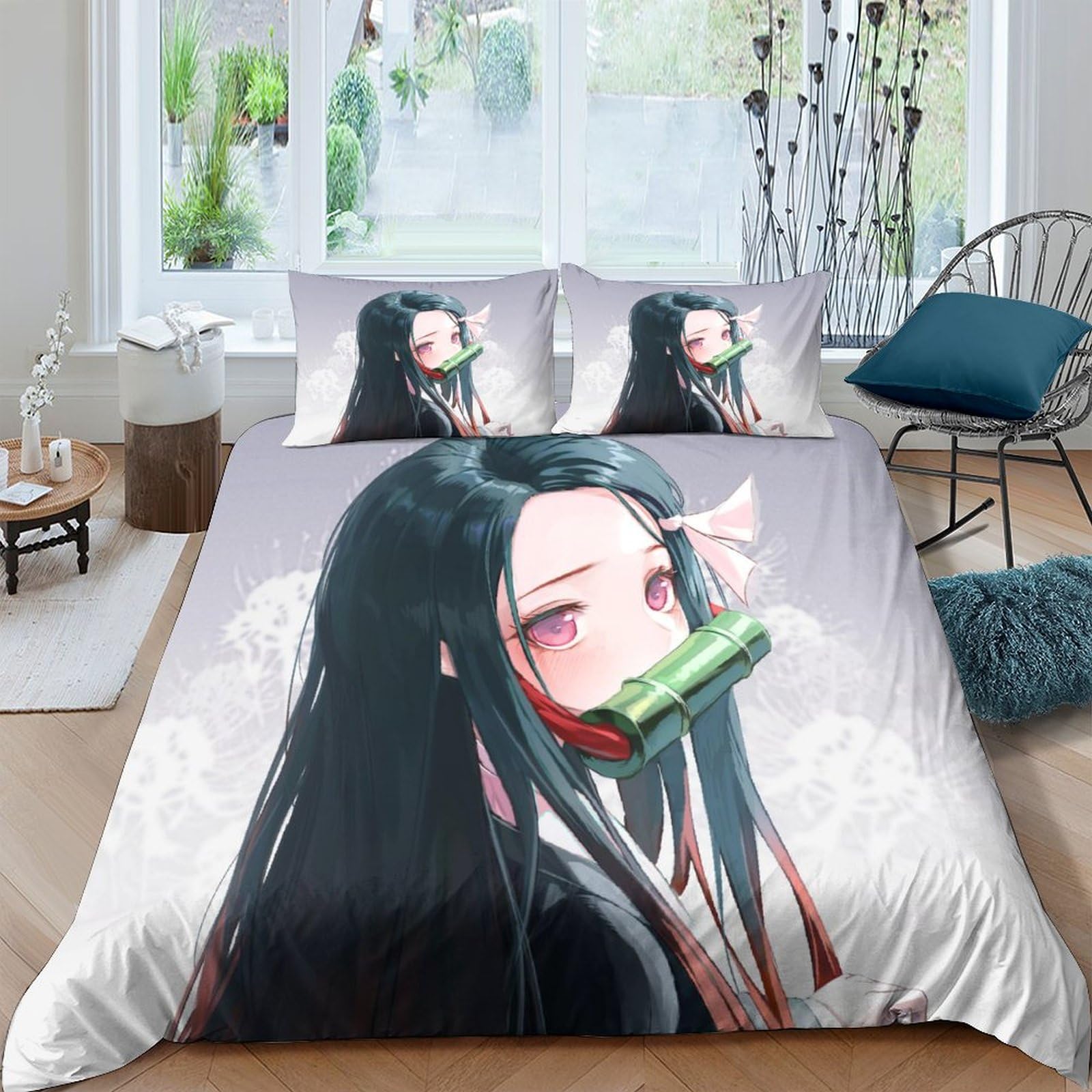 GerritNezuko Kamado Cute Bed Duvet Cover Demon Anime Slayer Bedding Sets 3D Printed Lightweight 3 Piece Comforter Sets, 1 Duvet Cover and 2 Pillow Shams for Kids Boys Girls Twin（173x218cm）