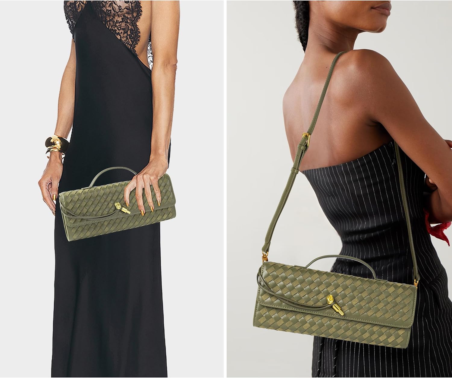 Joryin Woven Purse For Women Evening Clutch Woven Leather Handbags Crossbody Bag Suede Purse Formal Evening Bag, Olive - Image 2