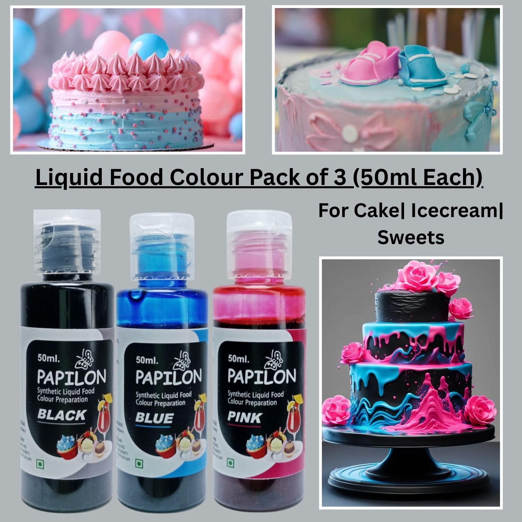 Papilon Liquid Food Colour Pack of 3 (50ml Each)-Pink, Blue, Black For Cake| Icecream| Sweets| Chocolates| Baking| Cooking 3