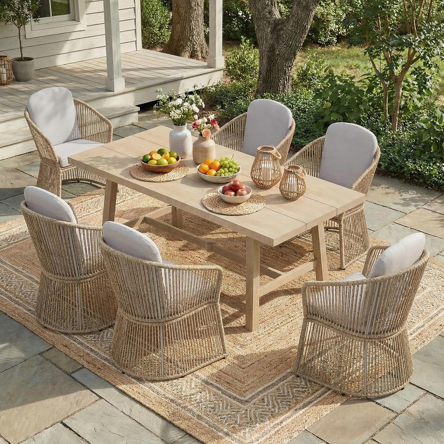 SUNSITT 7 Piece Outdoor Patio Dining Set, Patio Dining Furniture Set with 76” Aluminum Dining Table w/Umbrella Hole and 6 Woven Wicker Outdoor Patio Chairs w/Curved Armrest for Garden, Beige