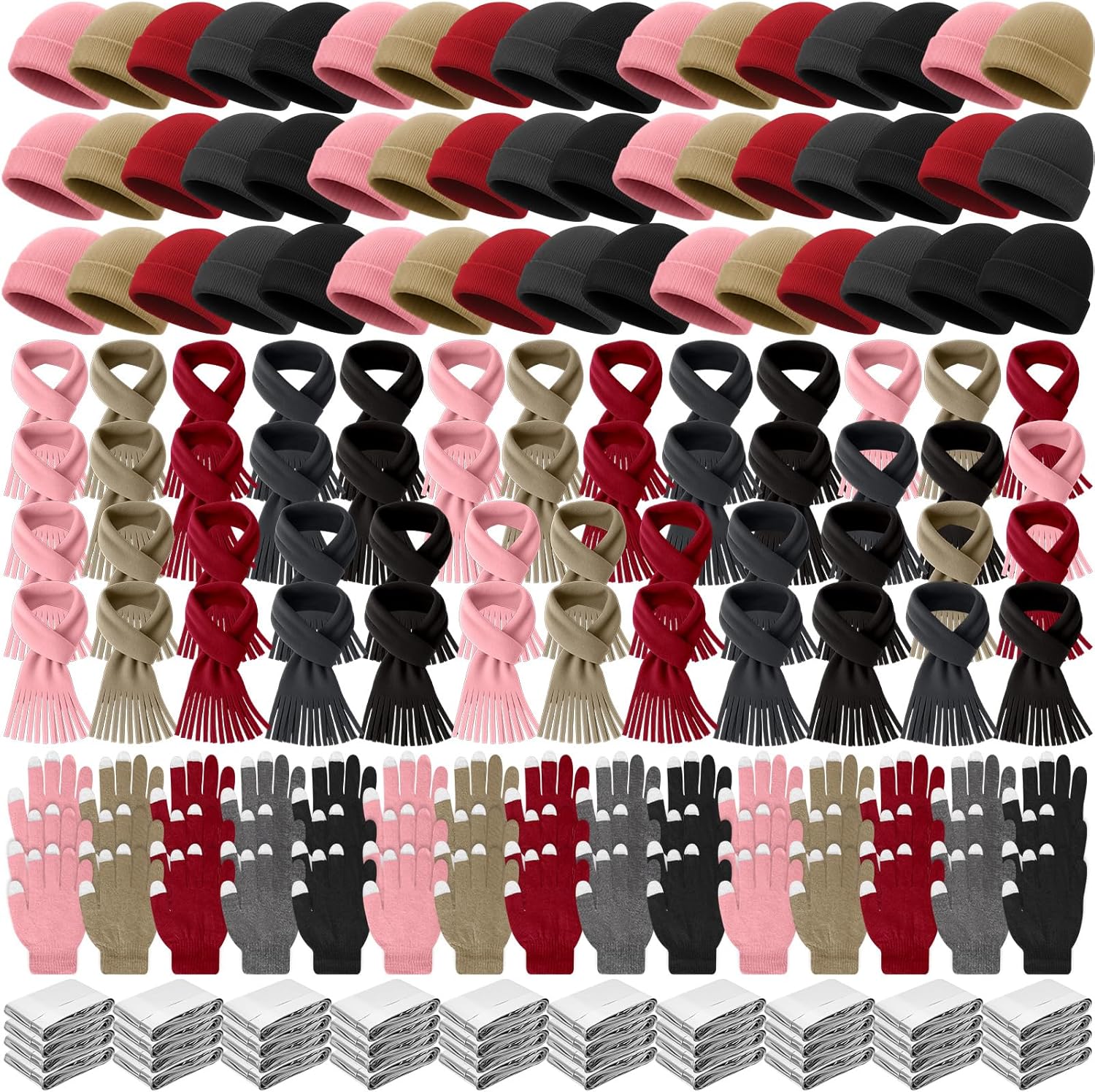 Suhine 200/320 Pcs Winter Beanies Hat Glove Scarf Emergency Blanket Bulk Warm Homeless Care Package Supplies for Women Men