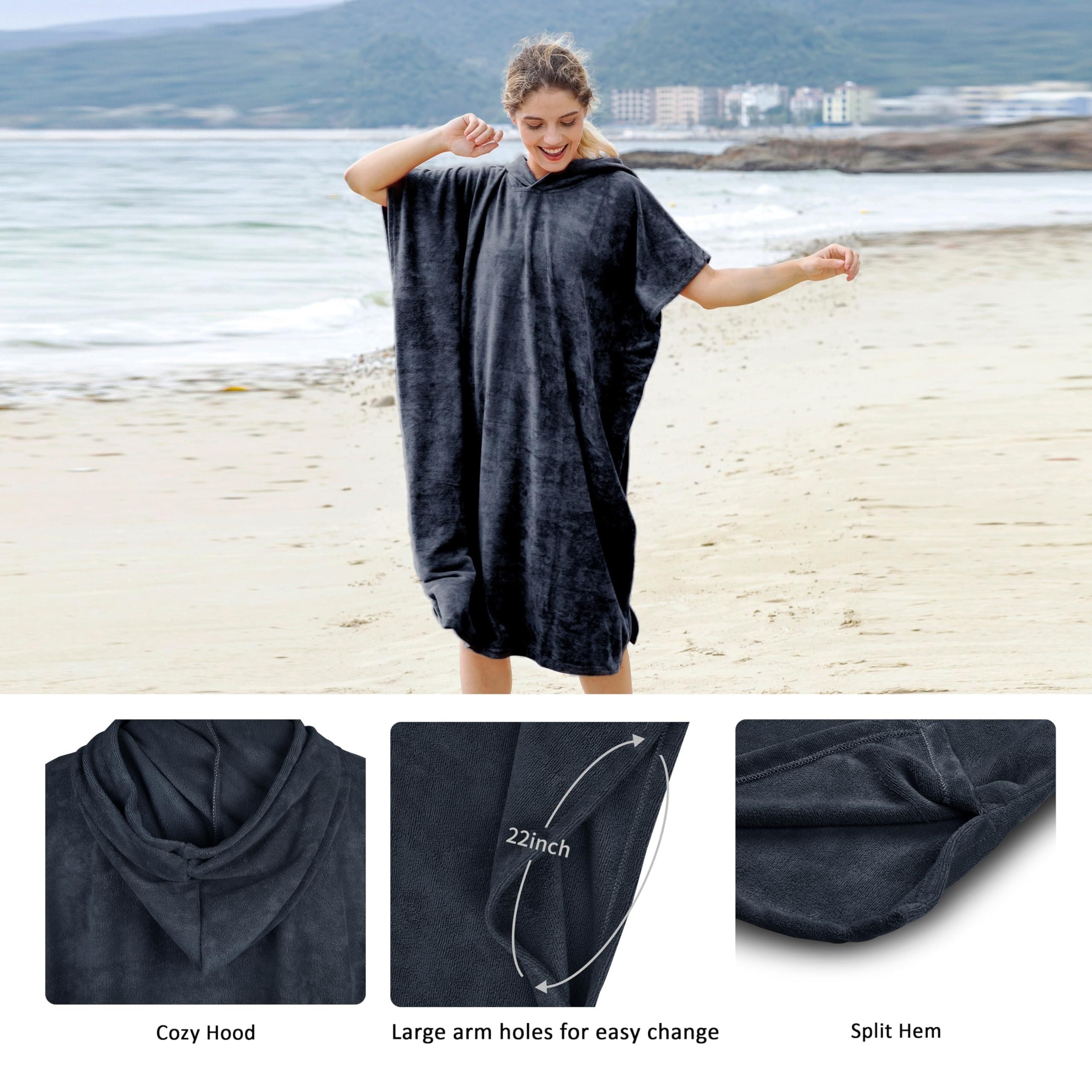 Poncho Handtuch, Badeponcho Damen Surfponchos, Umkleidetuch, Bademantel for Erwachsene, Männer und Frauen, Umkleideponchos mit Kapuze for Surfen, Schwimmen, Baden, wasserabsorbierend, übergroß(Black)