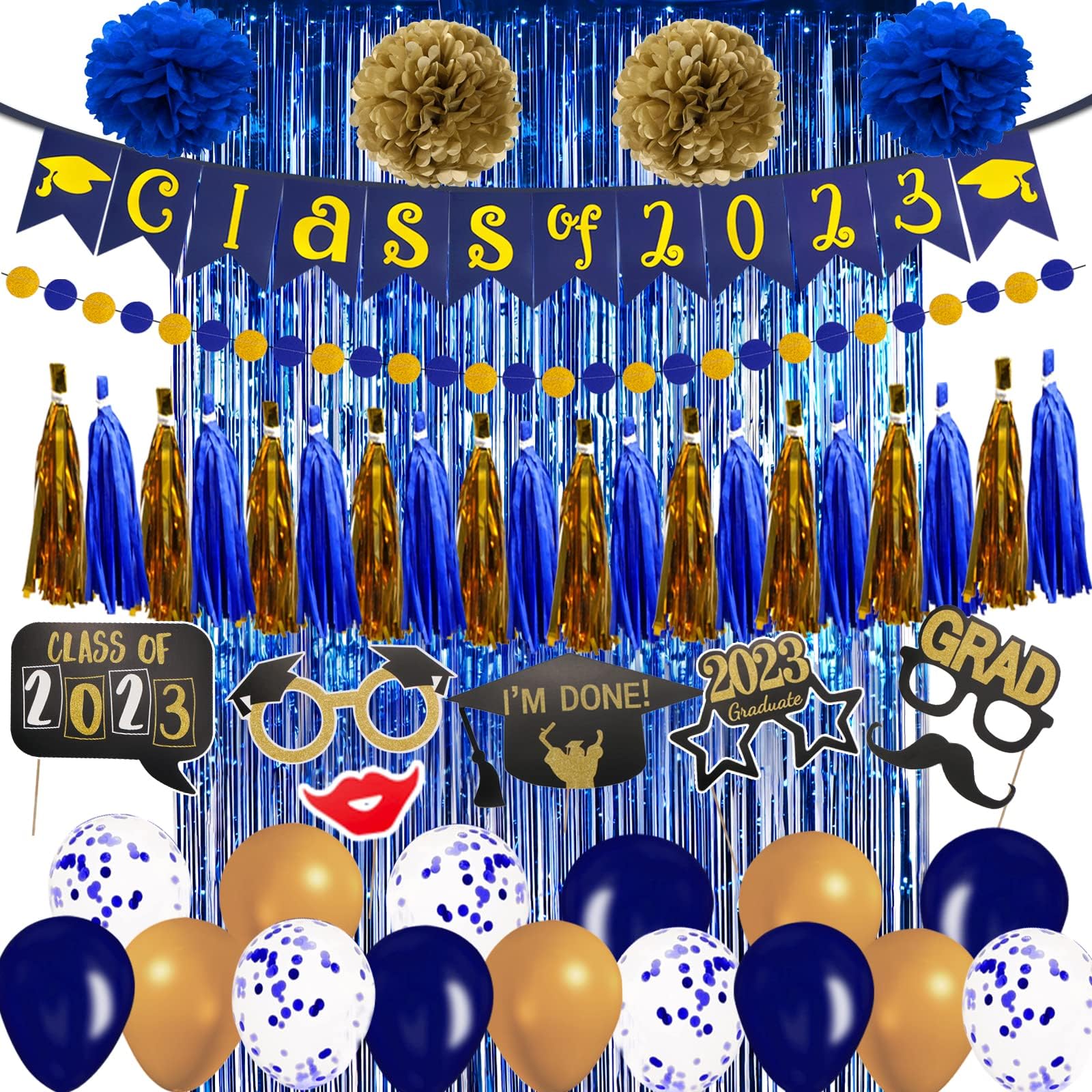 Graduation Party Decorations Supplies Class of 2023 Banner Congrats Grad Foil Fringe Curtain Backdrop, Blue and Gold Color