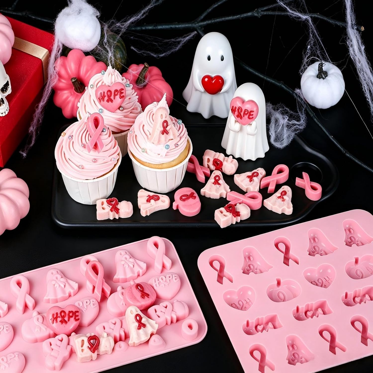 Webake Pink Halloween Ribbon Platinum Silicone Molds, 2-Pack Chocolate & Candy Molds with Boo, Ghost, Pumpkin & Ribbon Shapes for Halloween Treats