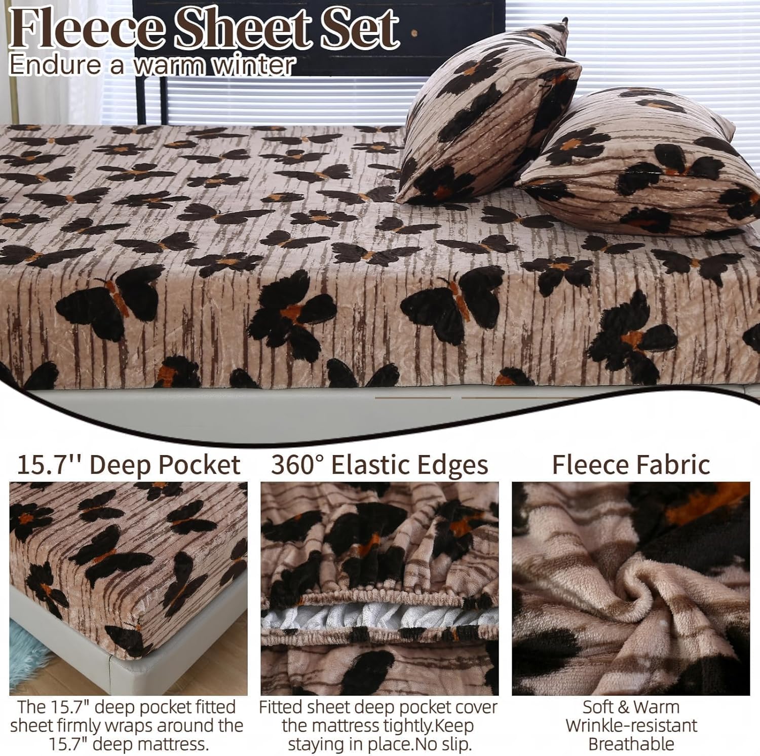 MAG 3Pcs Butterfly Queen Fleece Sheet Set,Black Insect Queen Size Bed Set,Super Soft Fluffy Warm Microfiber for Women Men,with 1*Fitted Sheet + 2*Pillowcases.