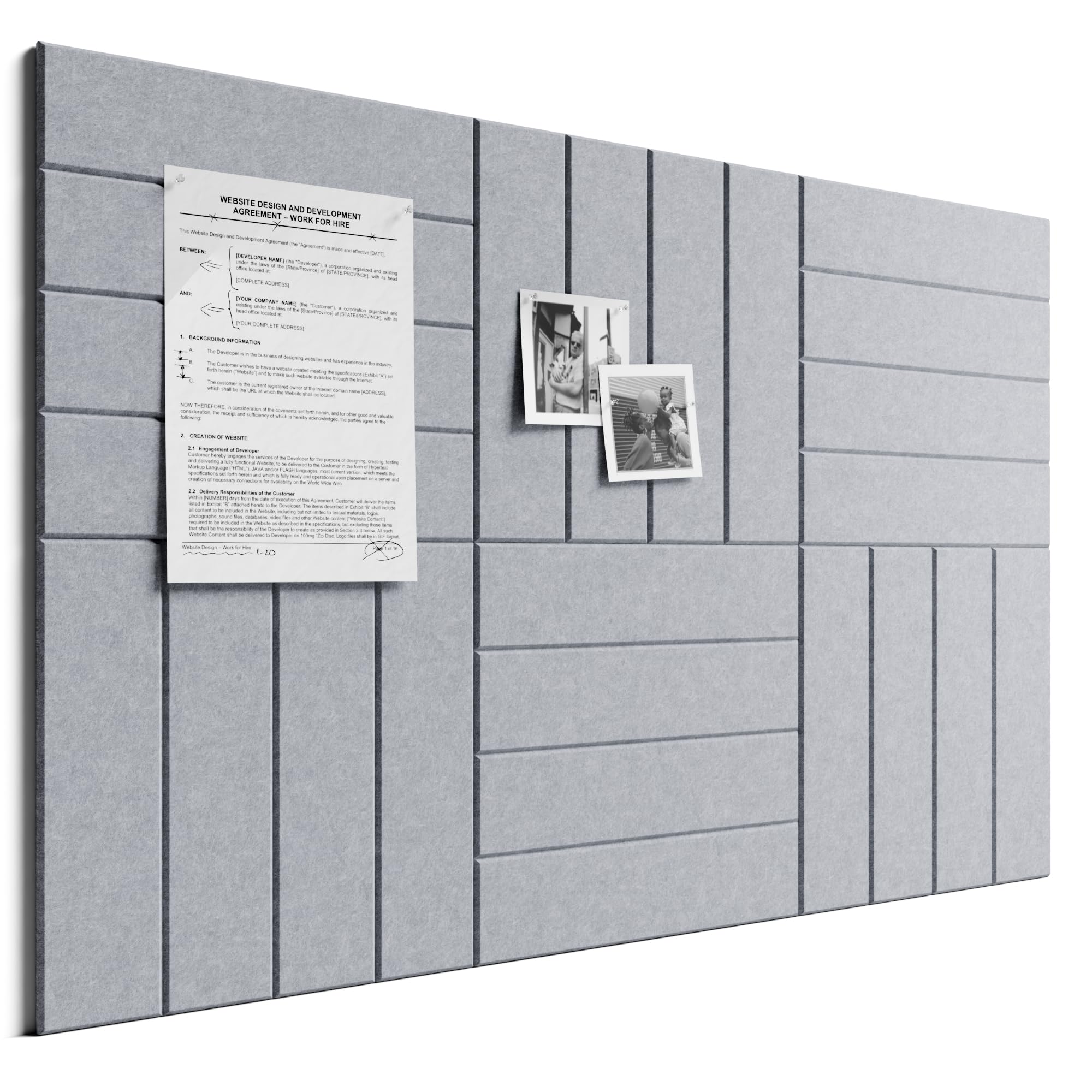 Bumusty Large Cork Board Alternative-36 x 24" Felt Bulletin Board Tiles, with 30 Pushpins, 40 Adhesive Tabs, 6-Pack Slat Wall Paneling, Cork Boards for Office Push Pin Board Felt Board-Soft Gray