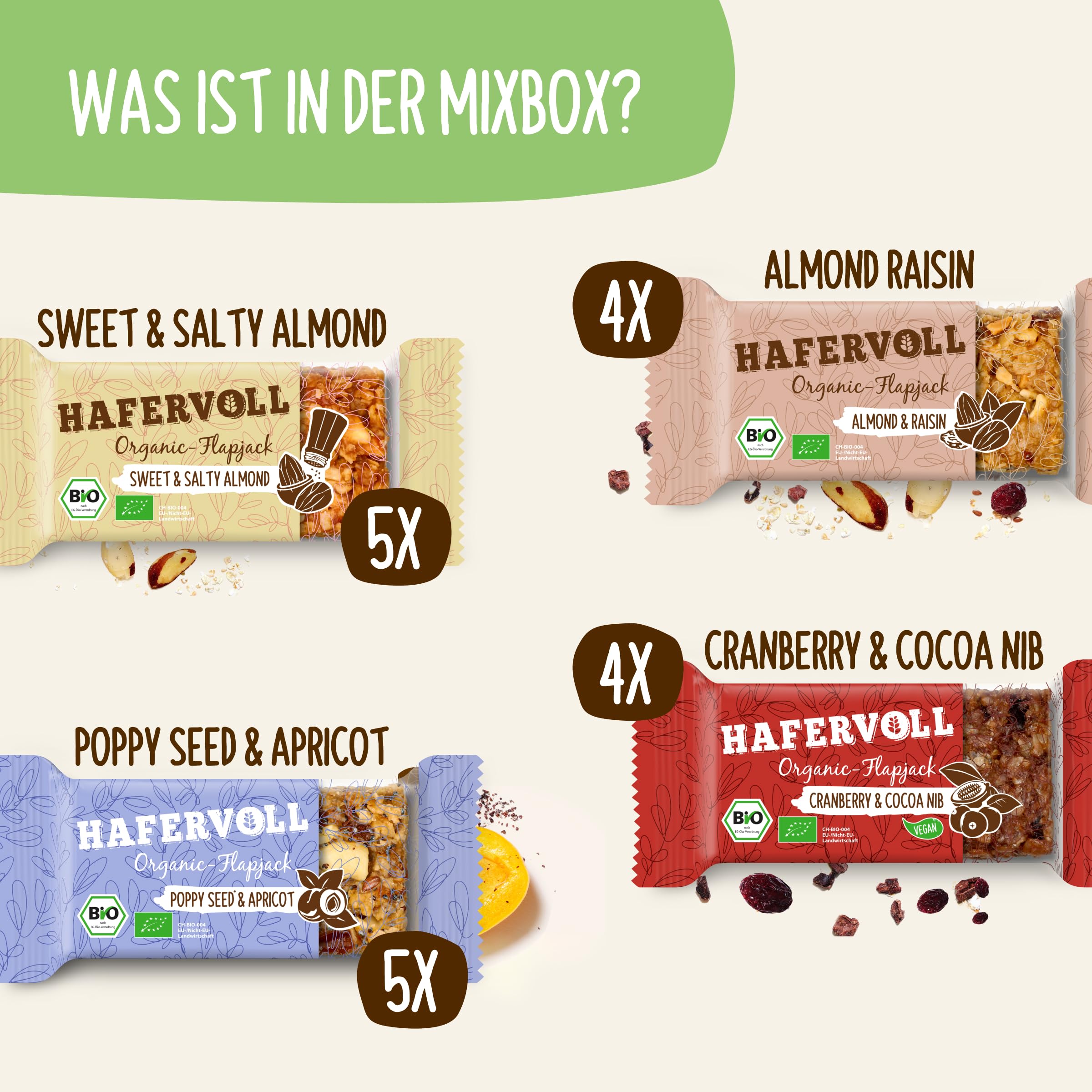 HAFERVOLL Organic Mixbox 4 Flapjack-Sorten 18 x 60g Bio-Müsliriegel Bio-zertifiziert