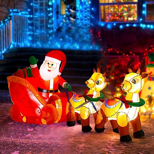 Vista 6 de Papá Noel inflable de Navidad de 8 pies de largo en trineo con 2 renos, decoración de patio inflable con luces LED para interiores y exteriores